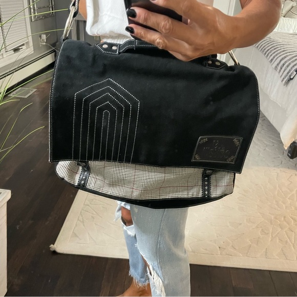 Roberto Cavalli Just Cavalli large laptop briefcase messenger bag black plaid - Picture 4 of 16